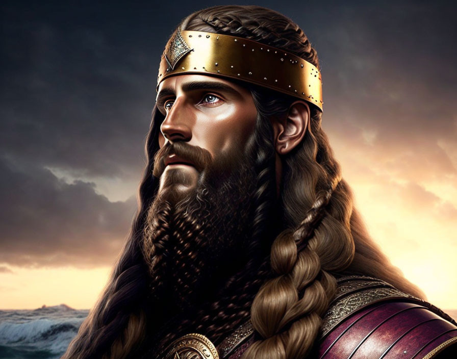 Regal man with long braided beard and golden crown by stormy sea