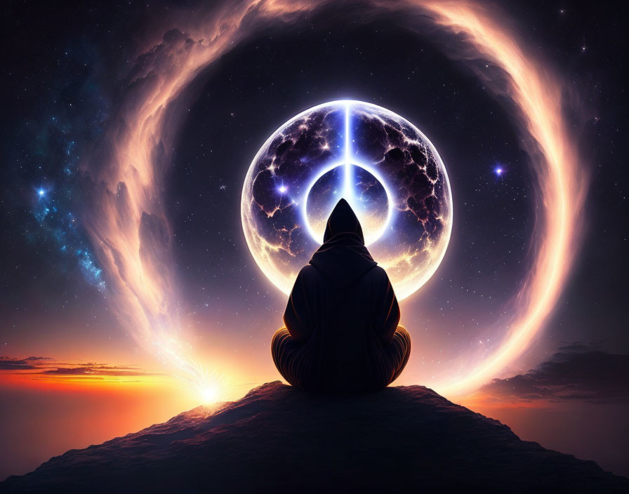 Silhouette person meditates under cosmic sky with peace symbol and moon