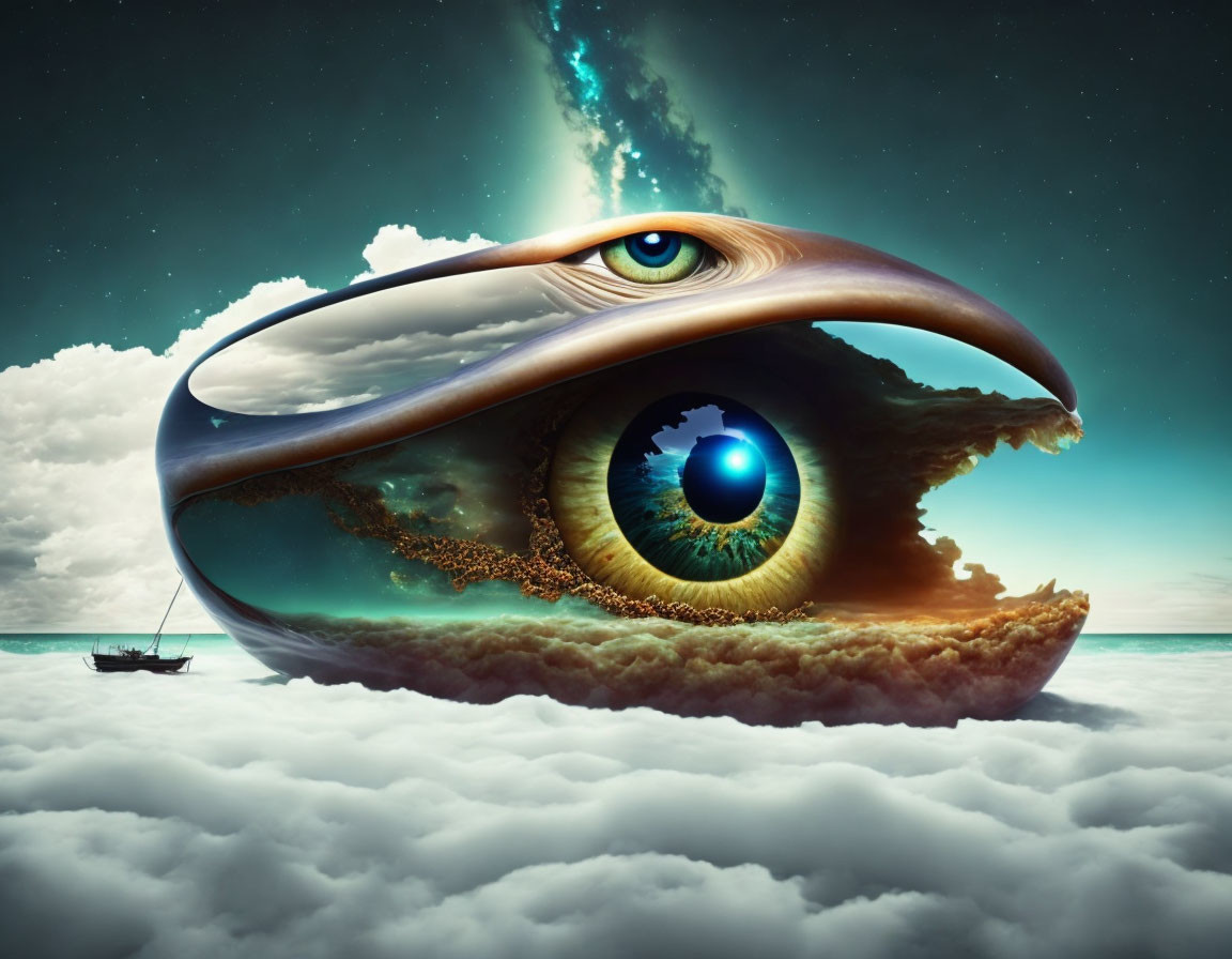 Giant eye-shaped island floating above clouds with boat and cosmic phenomena