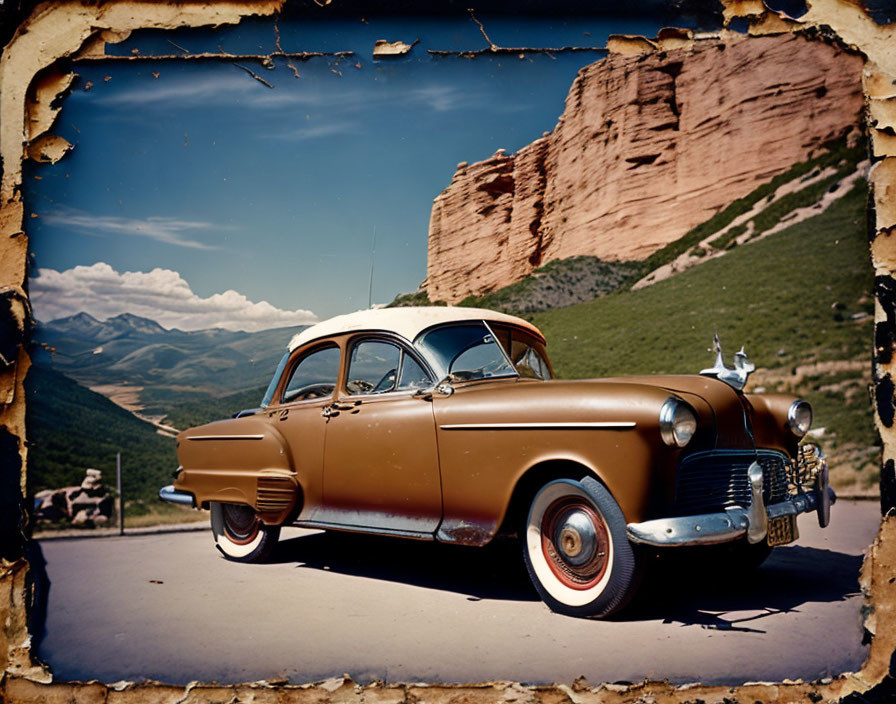 Classic Two-Tone Car Against Cliff Backdrop and Blue Sky