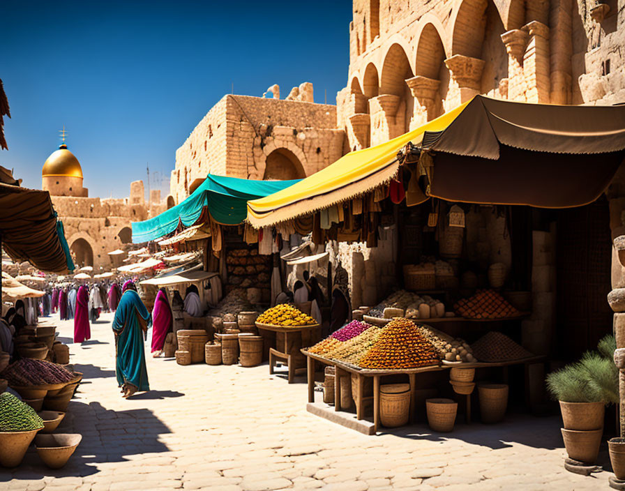 Colorful Middle Eastern Bazaar with Canopies & Spices