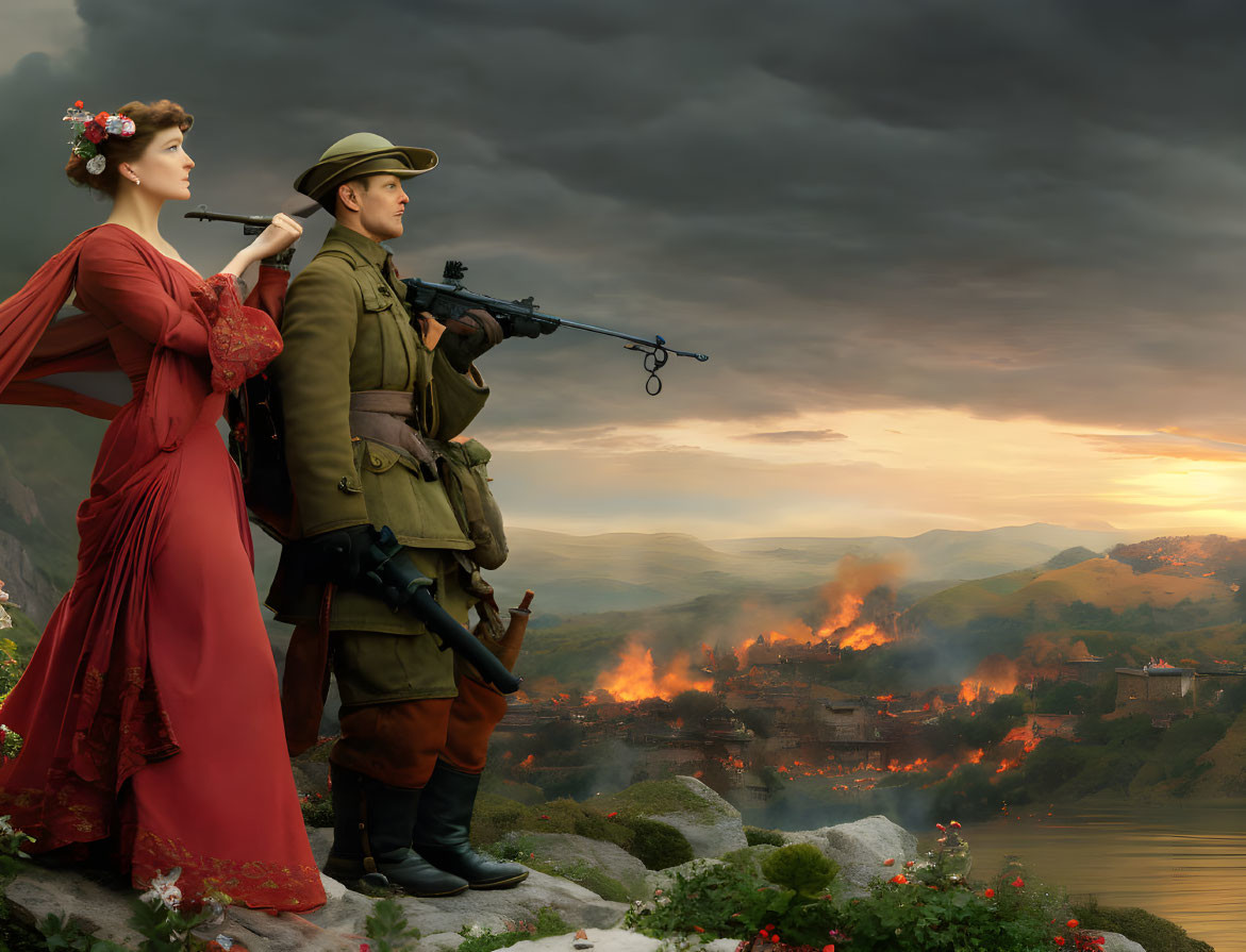 Woman in red dress and man in military attire on rocky outcrop overlooking burning village under stormy sky