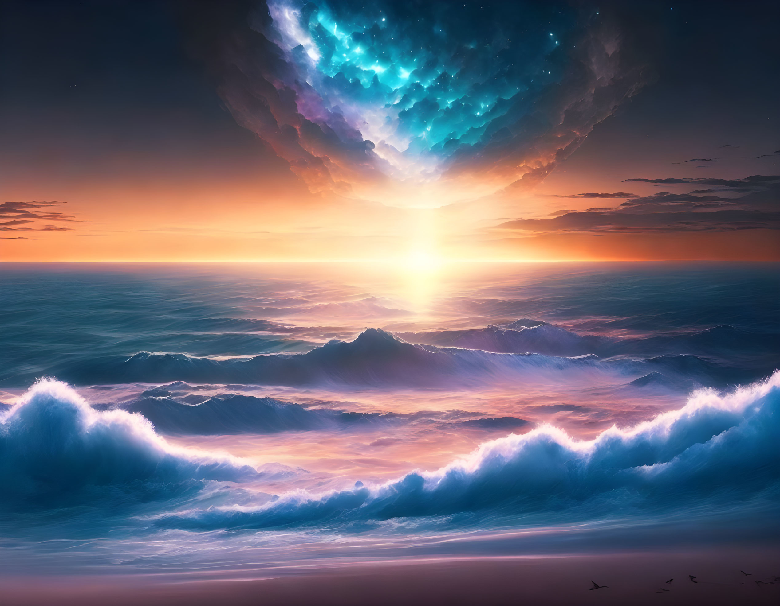 Vibrant sunset over turbulent ocean with star-filled sky