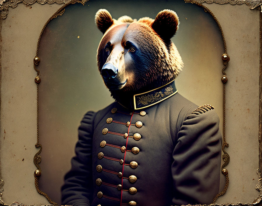 Bear Head on Vintage Military Uniform in Ornate Frame