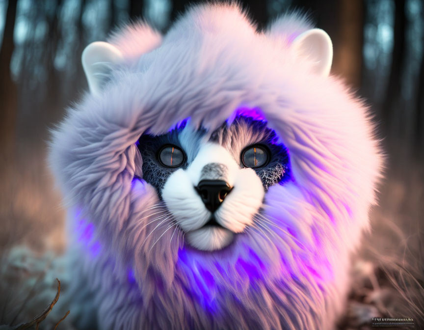 Colorful Fluffy Creature with Black Eyes in Purple Hue