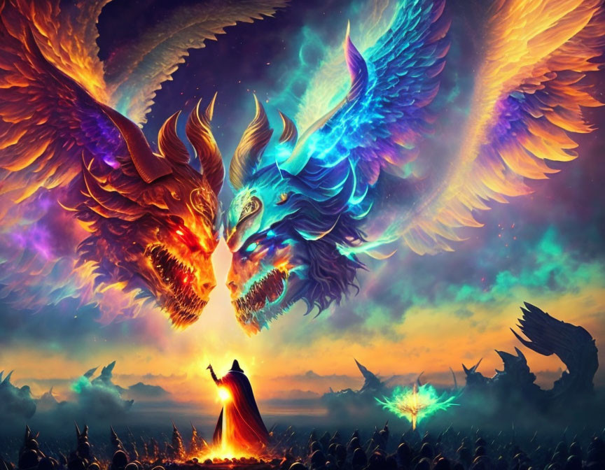 Fantasy battlefield artwork: fiery phoenix vs. icy counterpart, lone figure amidst armies