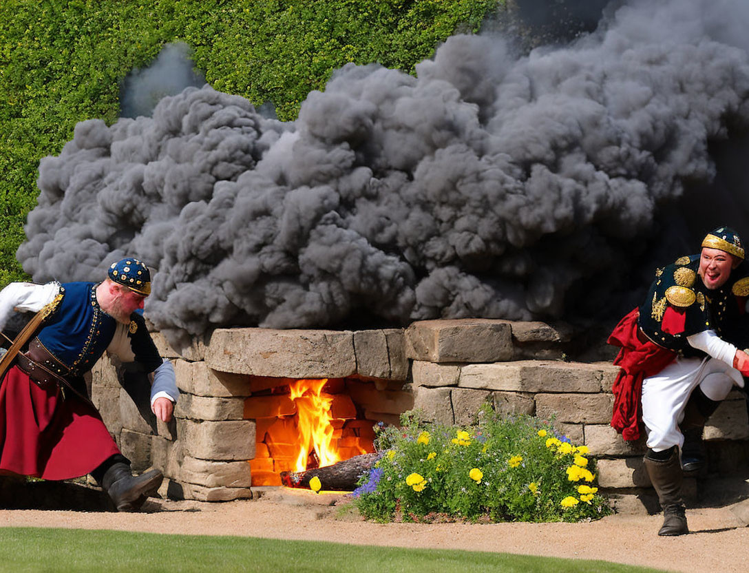 Historical figures in costumes react to smoke from stone structure.