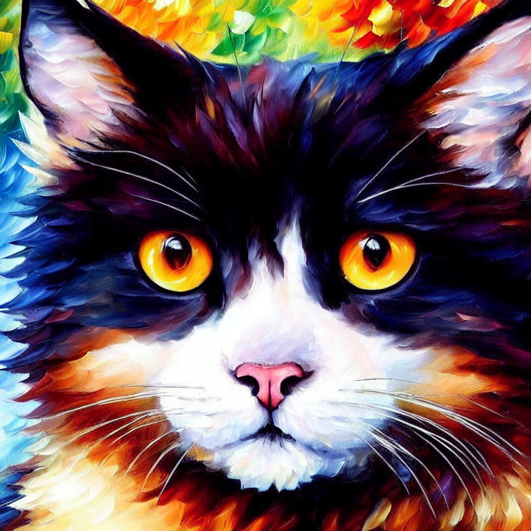 Colorful Impressionistic Painting of Cat with Black and Brown Face