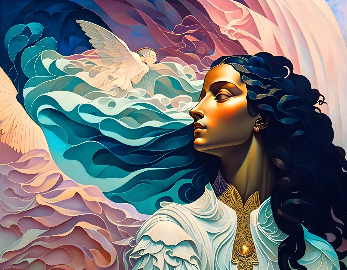 Profile view of woman with dark hair merging with waves and dove against colorful background