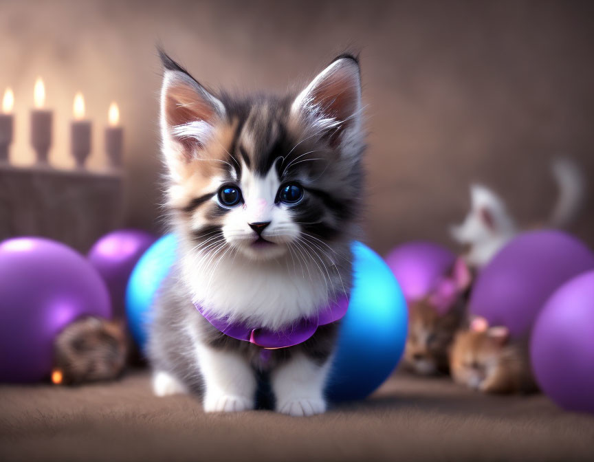 Fluffy kitten with blue eyes and purple collar surrounded by colorful balls and other kittens