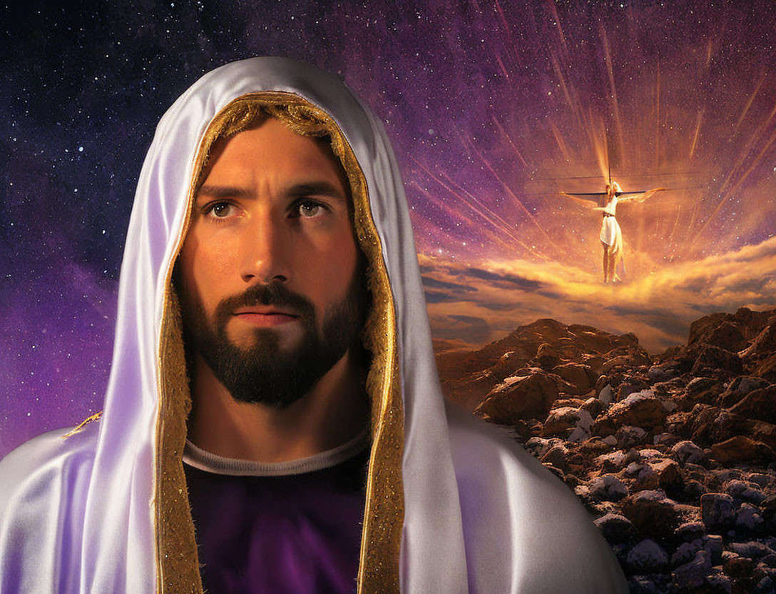 Bearded Figure in White and Purple Robe with Glowing Crucifix and Angelic Background