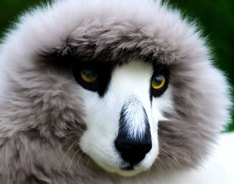 Close-up of lemur with yellow eyes and gray/white fur.