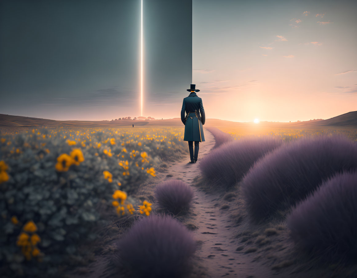 Person in vintage attire in field with yellow flowers under sunset beam.