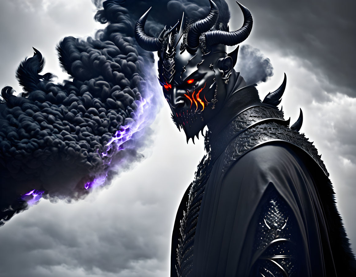 Digital artwork: Menacing horned figure under stormy sky with lightning