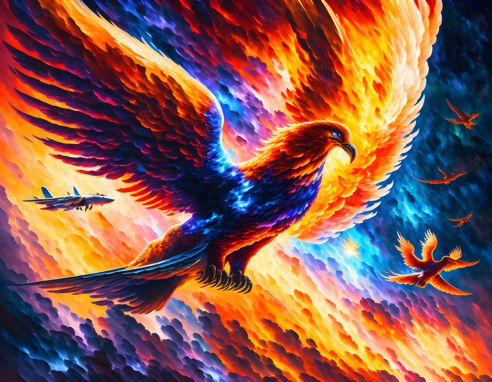 Majestic phoenix flying with fiery plumes and colorful wings