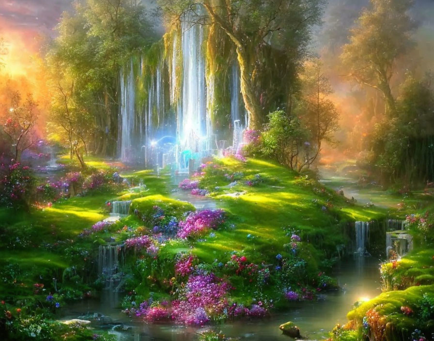 Fantasy landscape with waterfall, lights, greenery, and flowers