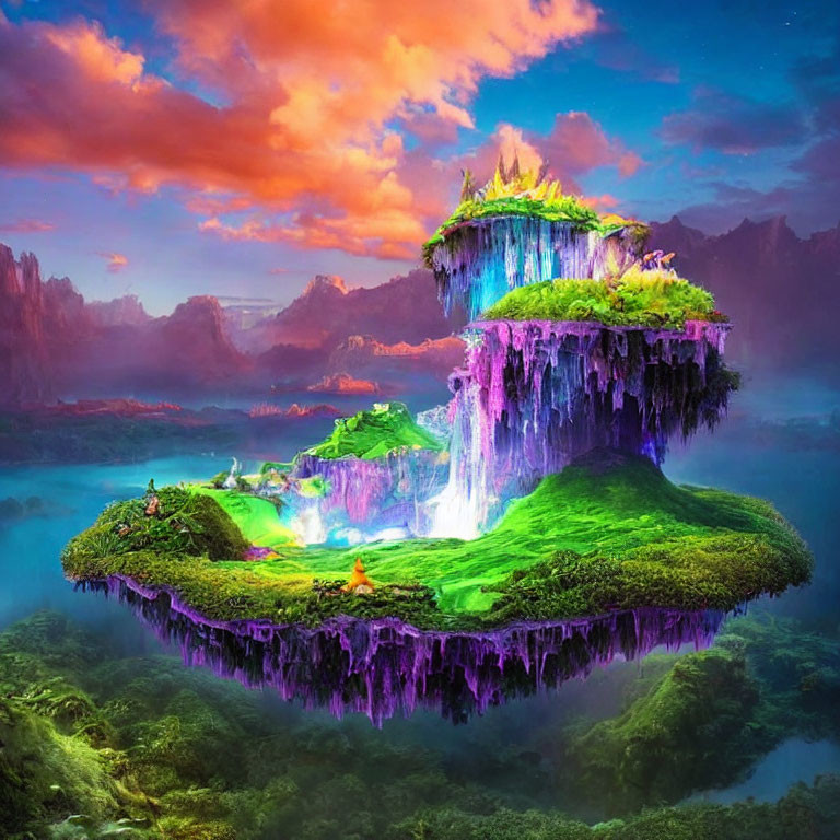 Vibrant floating island with waterfalls and colorful sky