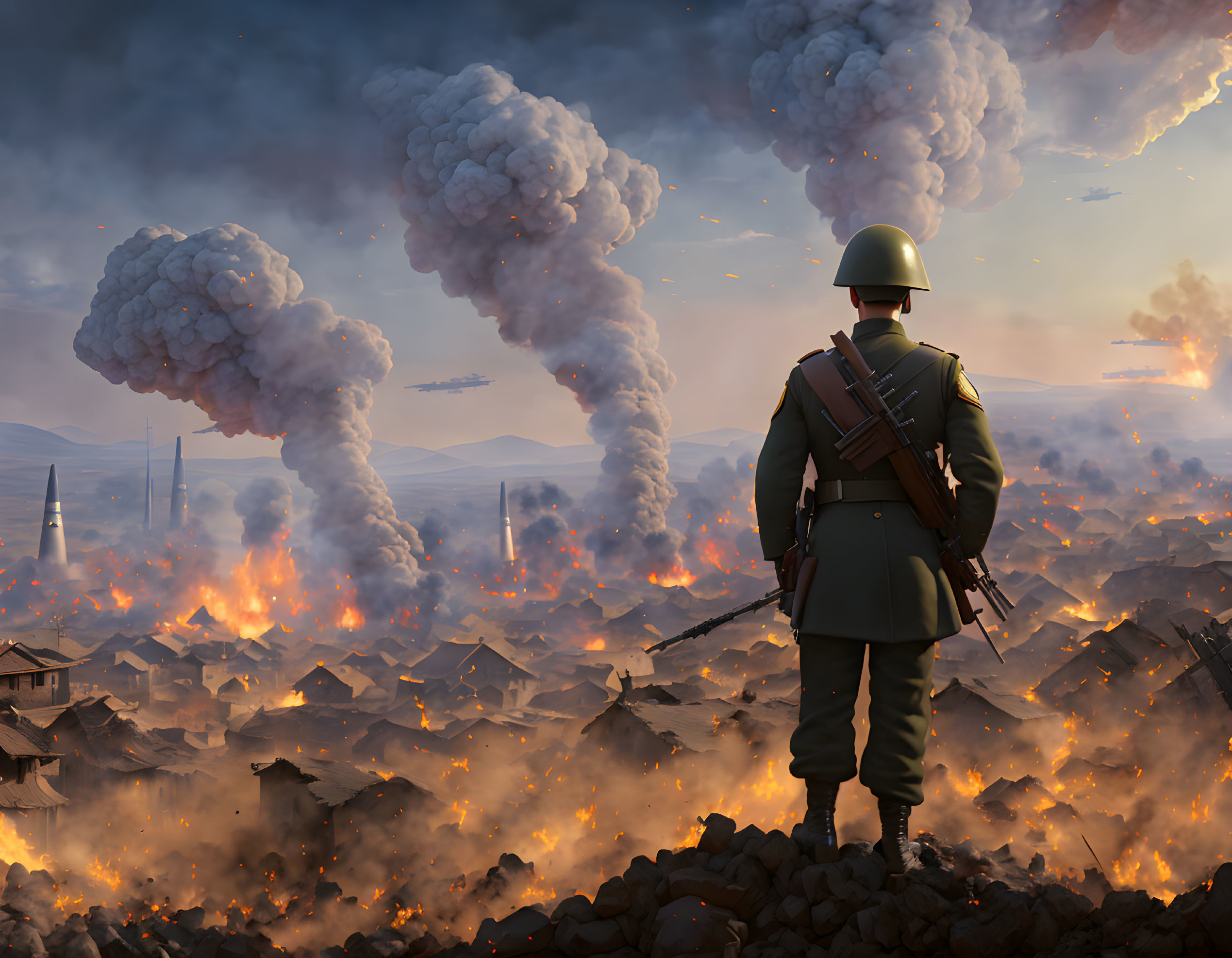 Soldier overlooks devastated city with explosions and flames