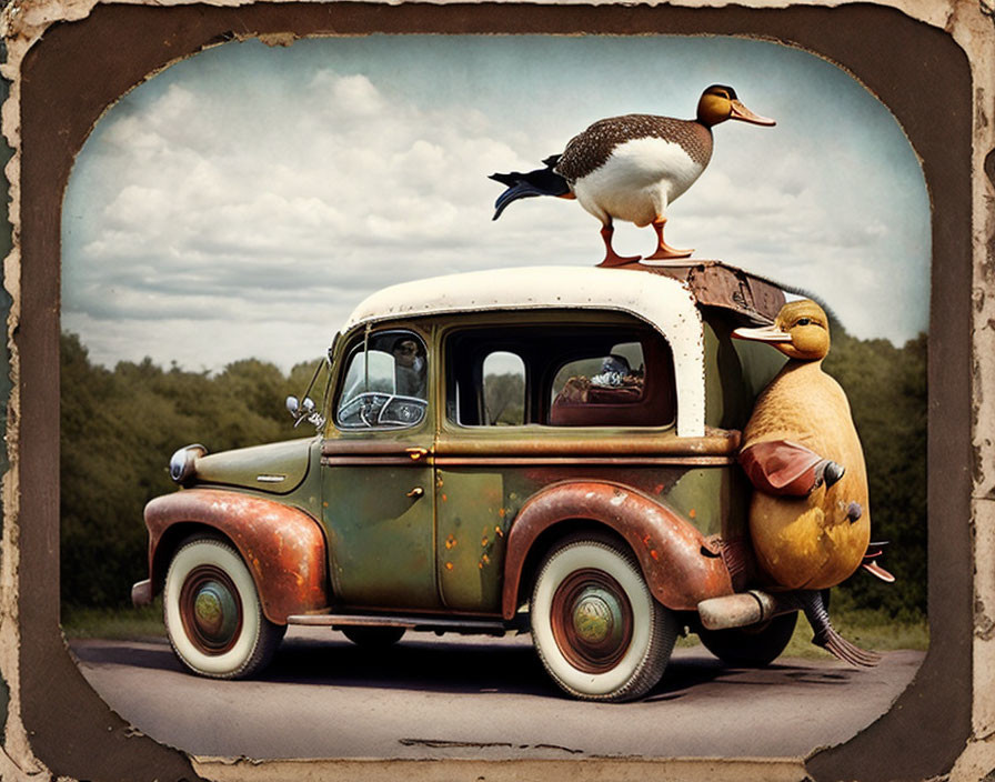 Vintage Car with Oversized Ducks in Rural Setting Photo Border