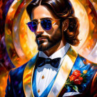 Colorful digital artwork of a bearded man in sunglasses and tuxedo