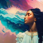 Profile view of woman with dark hair merging with waves and dove against colorful background