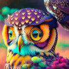 Vibrant digital owl art with intricate patterns and expressive eyes