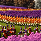 Colorful Toy Soldiers Marching on Grass with Purple Flowers