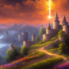 Fantasy castle on mountain peak at sunset with radiant light beam