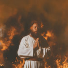 Bearded man in white robe praying amidst flames