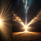 Symmetrical shadows on sandy terrain under a star-filled night sky