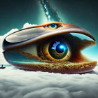 Giant eye-shaped island floating above clouds with boat and cosmic phenomena