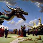 Fantasy art: Giant green and white dragons with horns face off under dramatic sky.