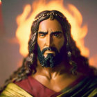 Bearded man in red and gold attire against fiery backdrop