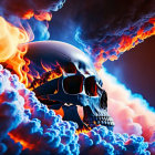 Skull engulfed in blue and orange flames on dark backdrop