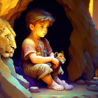 Child with curly hair sits by lions in a cave entrance