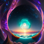 Surreal artwork featuring cosmic eye, purple arches, sea, mountains, and starry sky