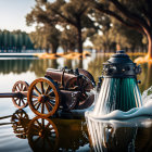 Steampunk-style contraptions with wheels and gears in water droplets against nature backdrop