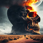 Motorcycle rider fleeing massive skull explosion in dark sky