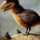 Small feathered dinosaur on larger dinosaur's back prehistoric bird-like features