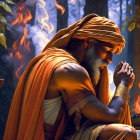 Ancient attire figure kneels by fire in contemplation