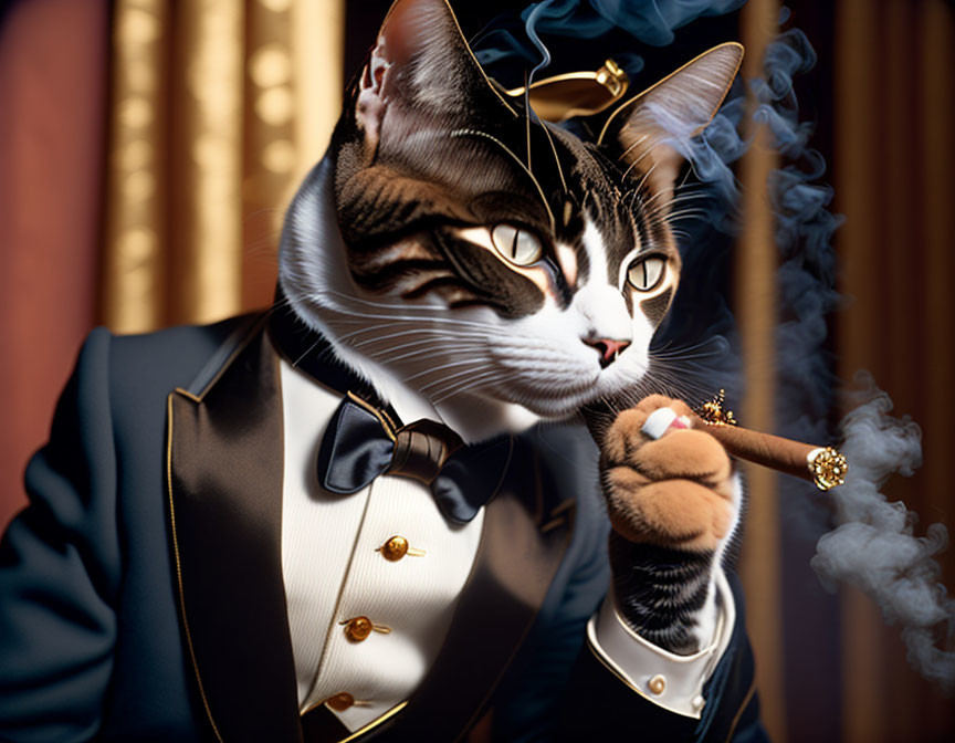 Cat in Tuxedo Smoking Cigar with Human-Like Features