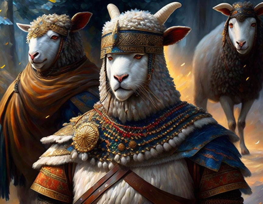 Regal attire and detailed armor on three sheep against a moody backdrop