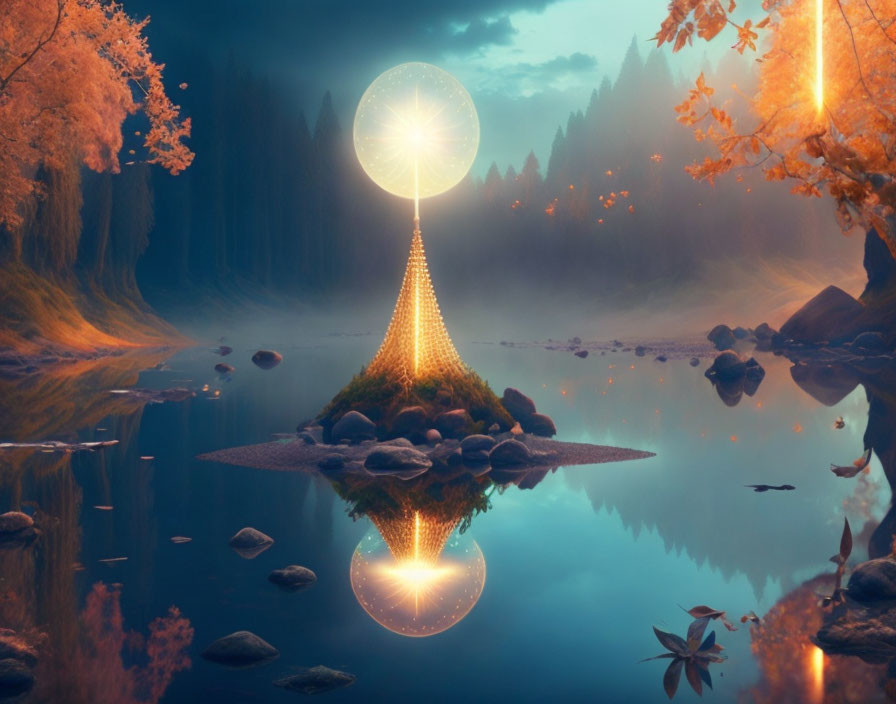 Floating Island with Glowing Pyramid and Sphere Reflected in Water