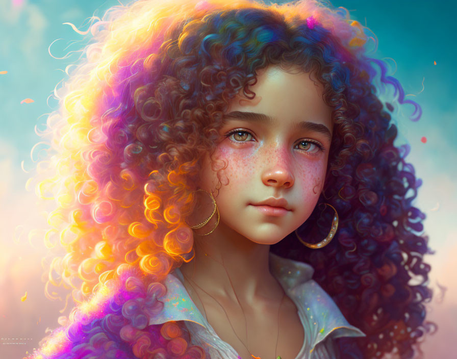 Colorful Digital Art: Young Girl with Curly Hair & Gold Hoop Earrings