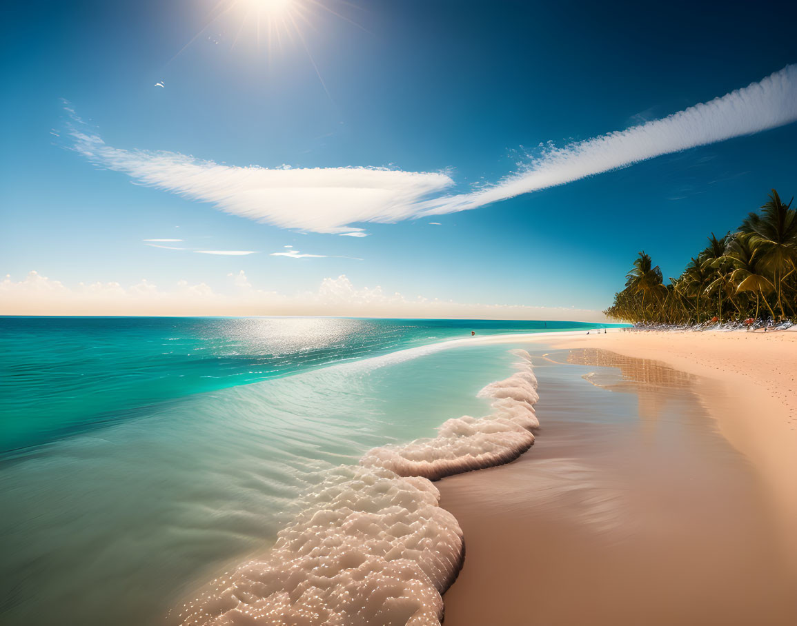 Sunny tropical beach scene with palm trees, clear blue water, white sand, and person afar