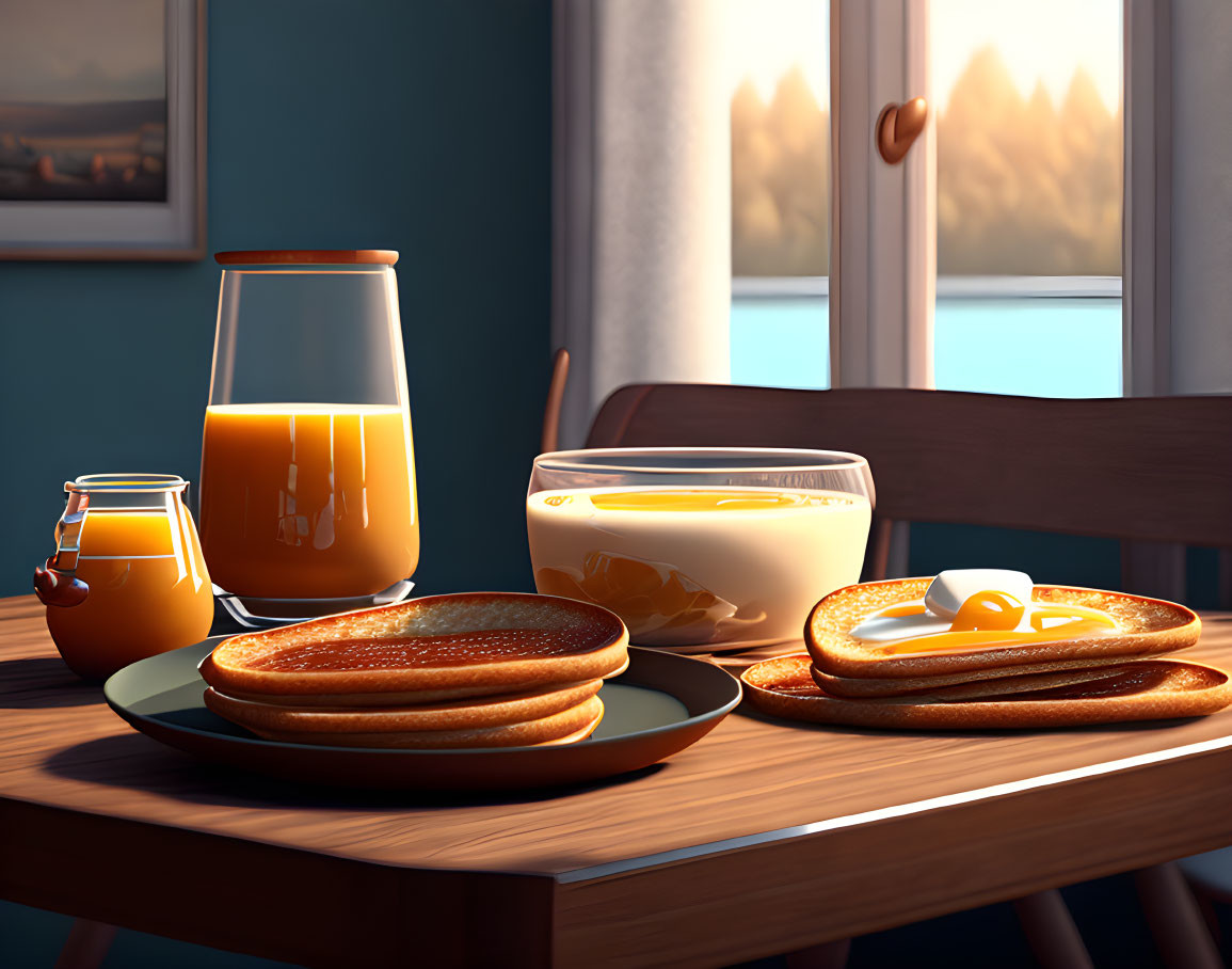 Morning Breakfast Scene: Pancakes, Eggs, Honey, Orange Juice on Wooden Table