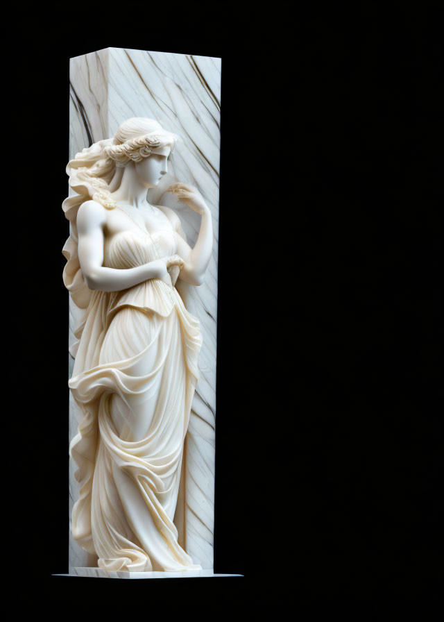 Marble statue of woman in flowing robes against backdrop