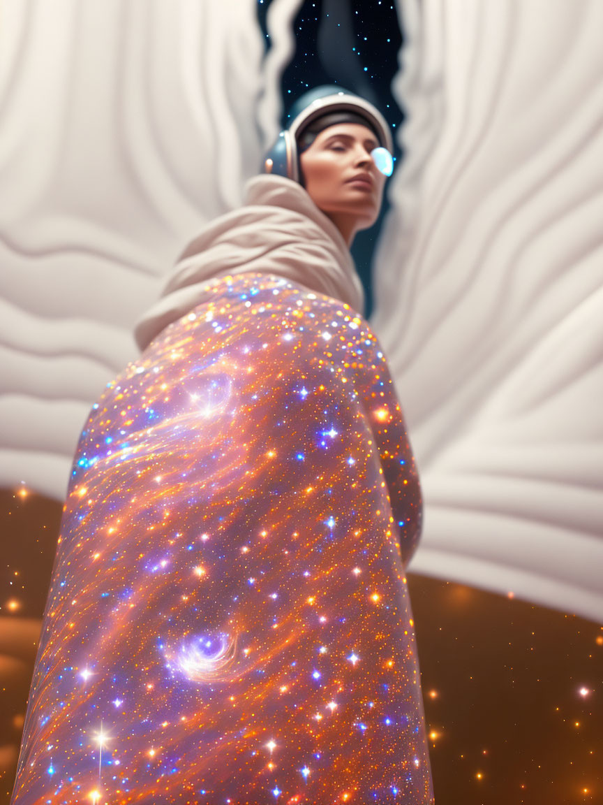 Contemplative person in cosmic outfit against starry backdrop