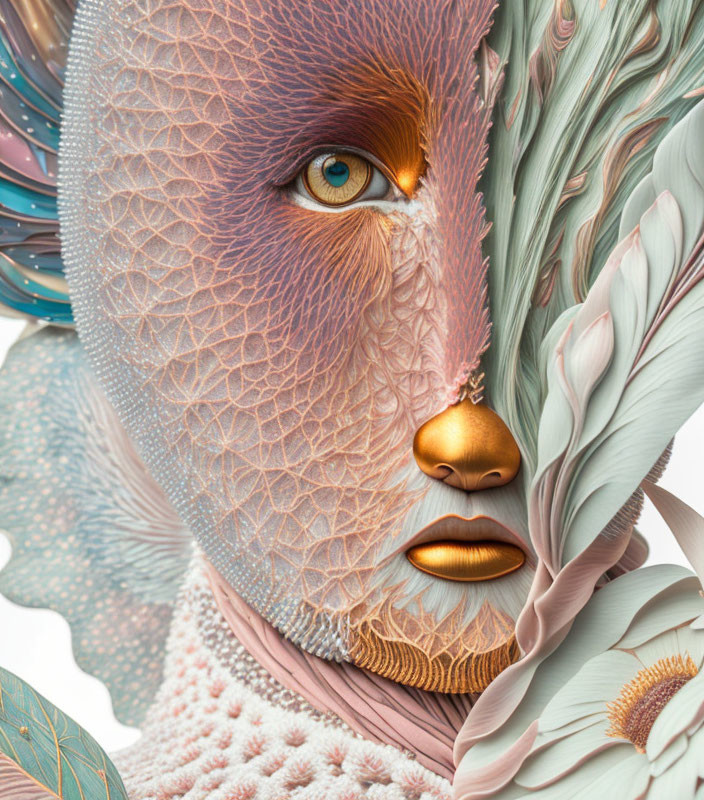 Detailed surreal digital artwork: humanoid face with textured skin, oversized eye, golden lips, surrounded by feather