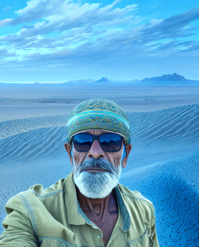 Bearded man in sunglasses and hat in desert landscape